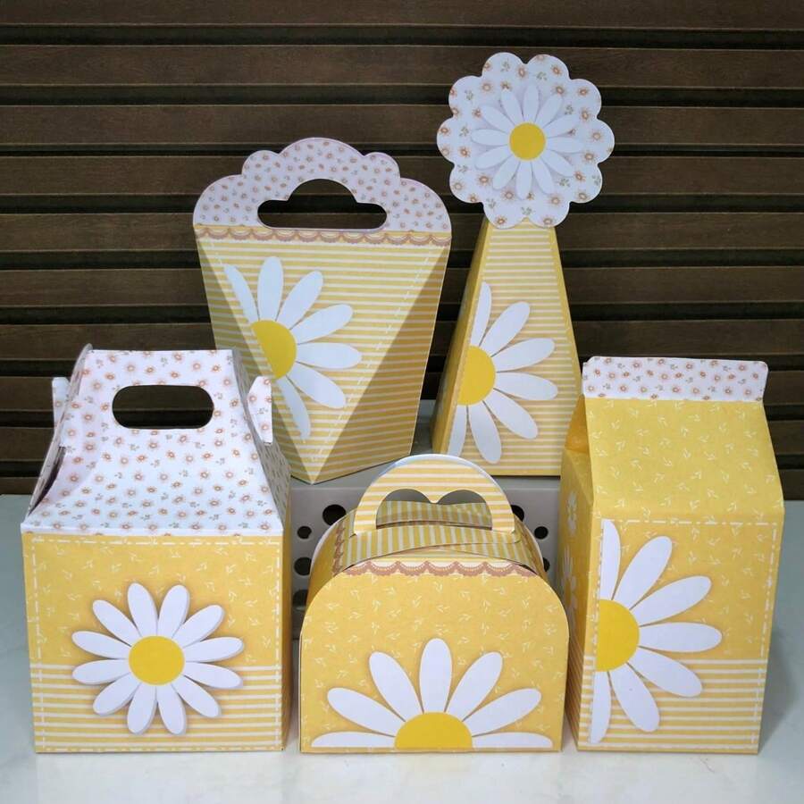 kit 20 Caixinhas MARGARIDAS AMARELA - Caixinhas para decoração e lembrancinha de aniversário infantil - Pegue e Monte - Como na Foto - Visão 1