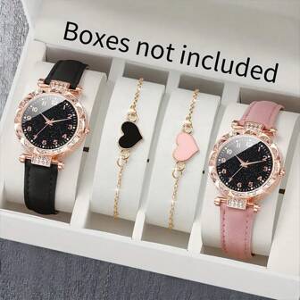 4 件套时尚简约百搭圆形数字手表 + 心形手链套装女士