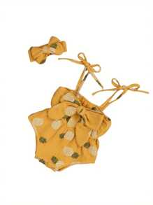 Conjunto de verano para bebé de 2 piezas, pelele con tirantes finos estampado de piña/lunares y diadema con lazo para niñas pequeñas - Amarillo - Ver 4