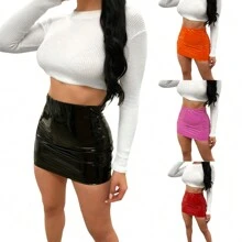 Women's Mini Leather Skirts Sexy Bright Skinny Bodycon Short Skirt Party Clubwear Night Out Skirt - 紅色 - 查看 5