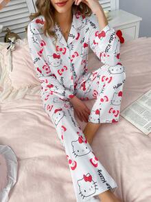 Sanrio 2pcs HELLO KITTY Women's Printed Front Button Long Sleeve Pajama Top And Elastic Waist Long Pants Cute Sleepwear Set - White - View 7