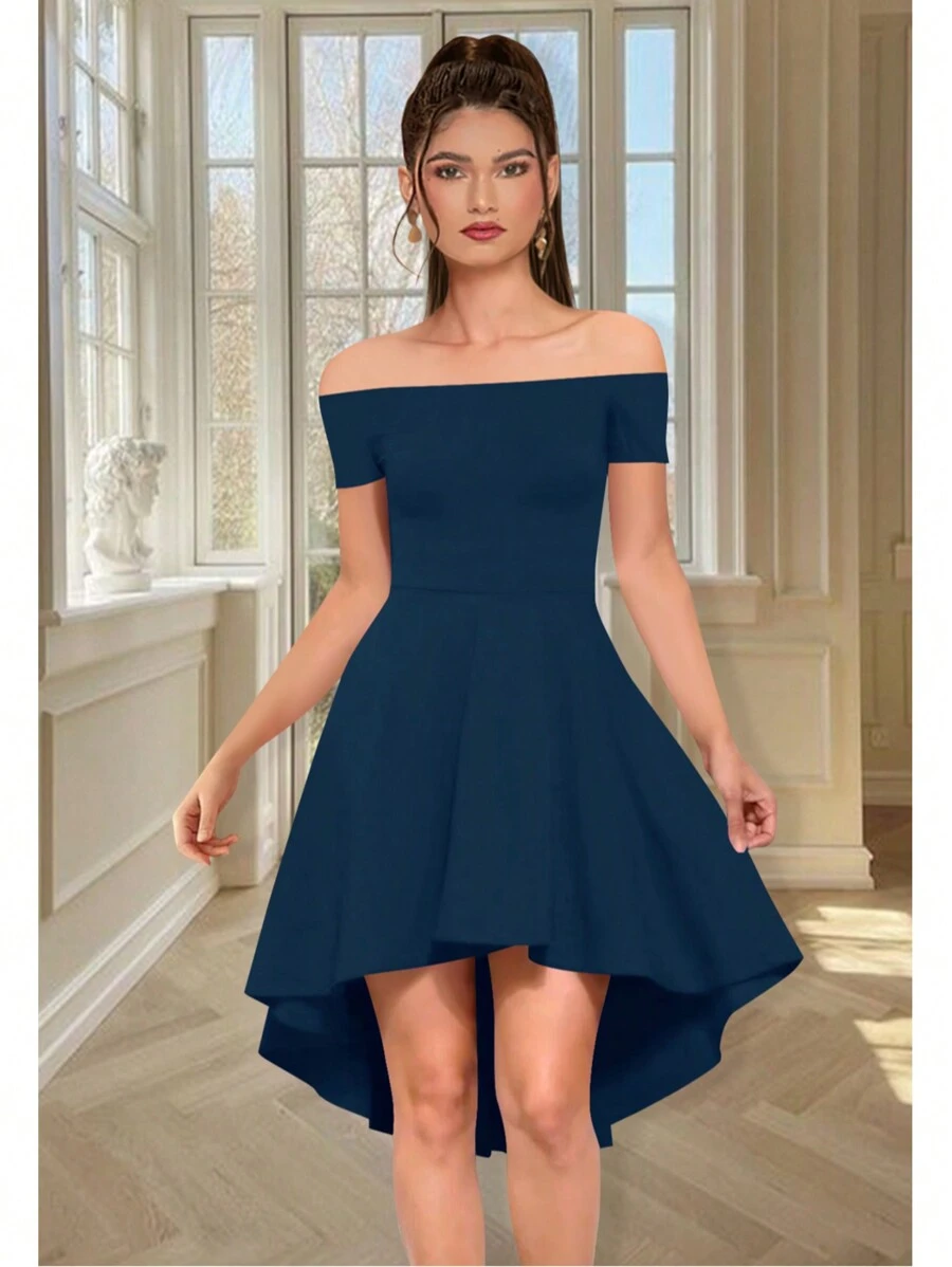 Vestido Corto Casual Strapless Asimétrico Modelo Calabria2 Marca Maria Bela - Azul Marino - Ver 1