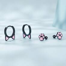 bamoer 1 件 925 纯银可爱黑粉色猫耳圈耳环女式迷你可爱宠物爪耳钉夹女孩生日珠宝礼物