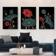 3 件现代抽象金线莲花植物油画，金鱼红莲花北欧时尚家居装饰海报，客厅、卧室、厨房、咖啡厅墙壁艺术，无框架