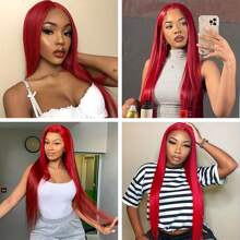 200 Density Red Straight 13x4 HD Lace Front Wigs Human Hair Pre Plucked With Baby Hair 12A Brazilian Remy Long Straight Invisible Lace Frontal Human Hair Wigs For Women Red Color 34inch - SRed - 查看 6