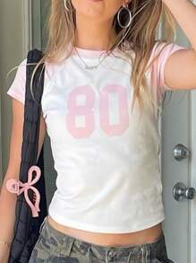 Women Y2K Jersey Baby Tees Tops Number Print Short Raglan Sleeve Crewneck T Shirts Crop Tops Summer Slim Fit Shirt Going Out Tops Streetwear - 粉色 - 查看 4