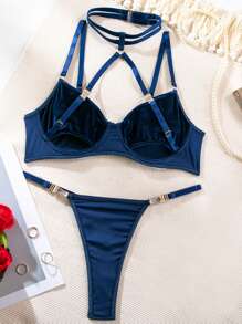 2 件套天鹅绒性感内衣、露背吊袜带、吊袜腰带和内裤套装