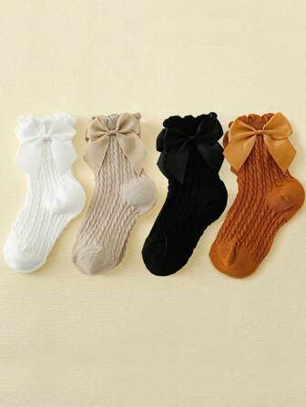 4 双女童蝴蝶结装饰粗针织简约袜子，适合中小学生校服搭配