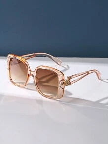 复古方形大框塑料时尚太阳镜，经典设计，适合户外旅行海滩度假休闲装，驾驶防紫外线时尚遮阳优雅装扮家庭出游旅行度假，适合夏季海滩度假、户外、旅行 - 香檳色 - 查看 3