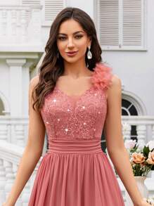 MIUSOL Sequin Floral Lace Sweetheart Neck Sleeveless Ruffle Chiffon Slit Maxi Formal Party Dress, Formal Evening Gown, Suitable For Wedding Guest, Graduation Ceremony, Gala And Other Occasions - Dusty Pink - View 9