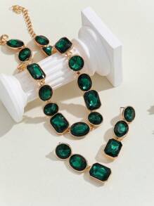 3 件套绿色玻璃不对称耳环和项链首饰套装女士
