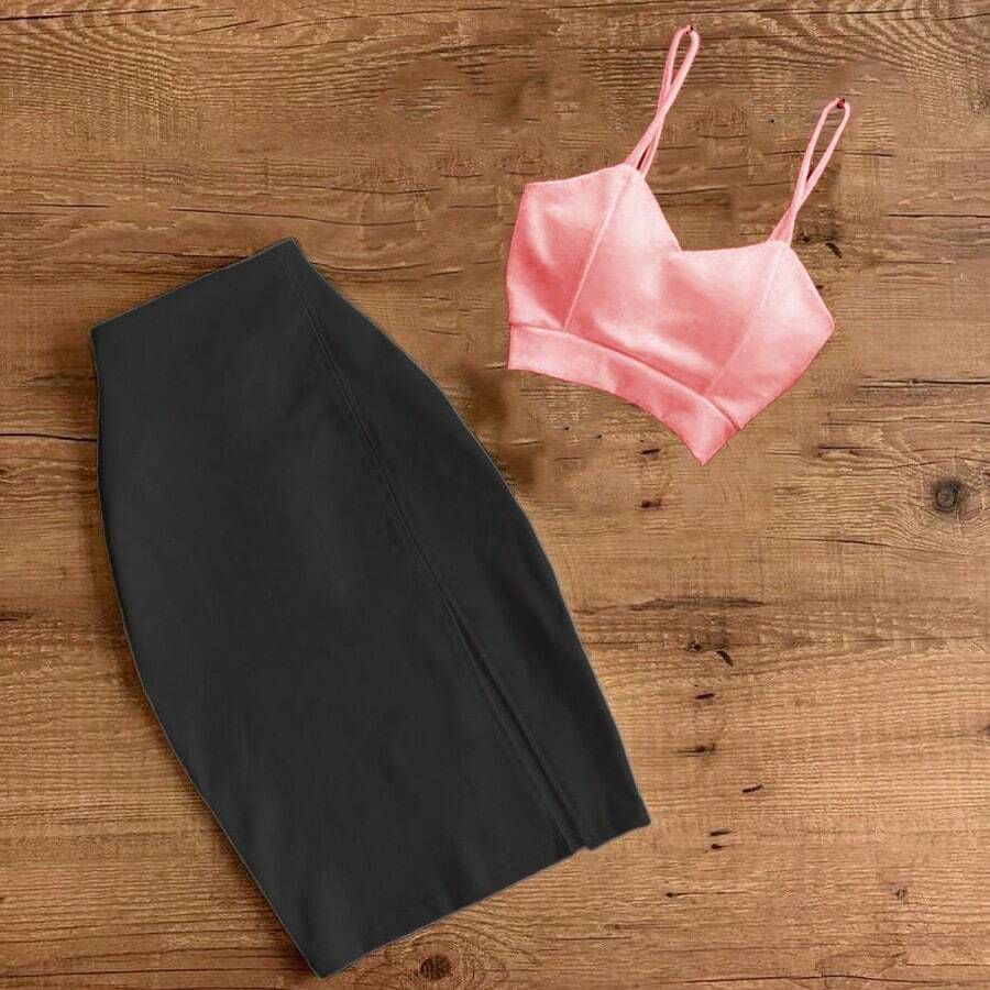 BLACK TOP AND SKIRT WITH LEG SLIPPING Fitted Strappy Top - Coral Pink - View 1