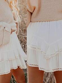 Women's Summer Skorts Casual Layered Ruffles Solid High Waist Mini Skirts With Shorts - 白色 - 查看 2