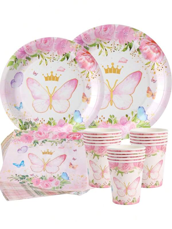 25pcs/Set Pink Butterfly Crown Paper Plates, Napkins & Cups, Disposable Party Tableware Set Suitable For Birthday, Family Picnic