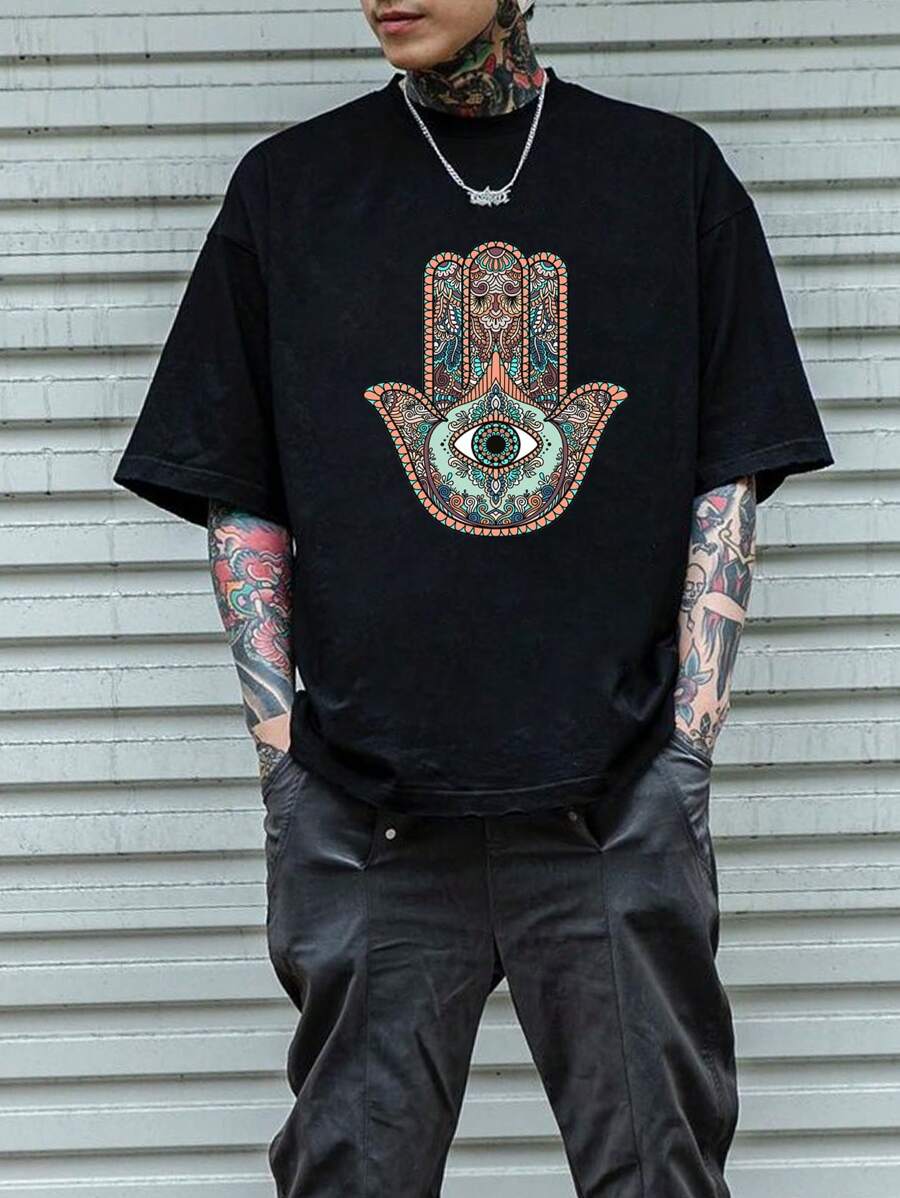 Men's Casual Retro Evil Eye Pattern Short Sleeve T-Shirt - Black - View 1
