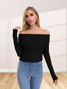 Blusa tipo strapless con hombros descubiertos con resorte en hombros de manga larga - Negro - Ver 1
