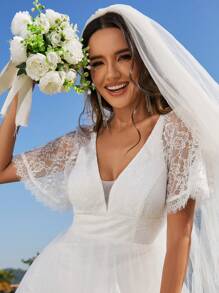 Lace Contrast Mesh Appliques Wedding Dress - White - View 6