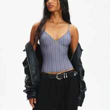 Women Crop Camisole Slim Leopard/Dot/Contrast/Plaid V Neck Spaghetti Strap Tops Summer Streetwear - Màu xanh lam - Xem 3