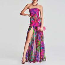 Women Tube Top Dress Slim Strapless Backless Mesh Patchwork Maxi Dress Leopard Print High Slit Long Dress Party Club Night Dress Clubwear - Màu tím - Xem 1