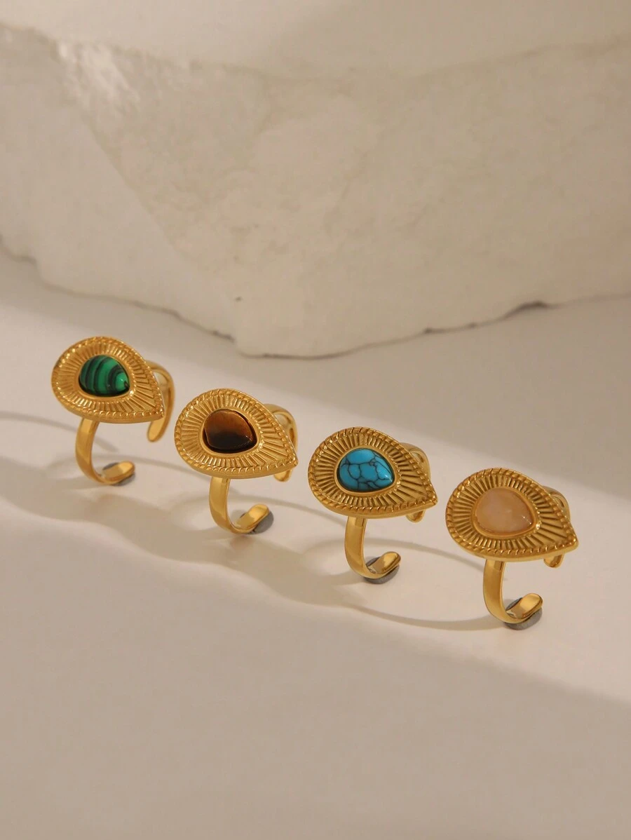 1 件时尚夸张奢华金镶嵌绿松石可调节女士戒指，18k 不锈钢，不褪色，优雅设计，适合日常、节日、派对、约会佩戴或送礼 - 氣質款 - 查看 1