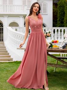 MIUSOL Sequin Floral Lace Sweetheart Neck Sleeveless Ruffle Chiffon Slit Maxi Formal Party Dress, Formal Evening Gown, Suitable For Wedding Guest, Graduation Ceremony, Gala And Other Occasions - Dusty Pink - View 6