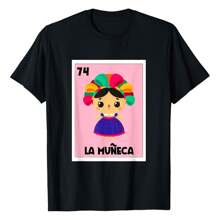 La Muneca Mexican Bingo Card Game Mexican Doll Spanish T-Shirt, Women's Printed T-Shirt 220g, 100% Cotton, Retro Fashion Street Women's Short Sleeves, Round Neck Casual Women's Outdoor Short Sleeves, Daily Four Seasons Wear, Holiday Gifts - 黑色 - 查看 1
