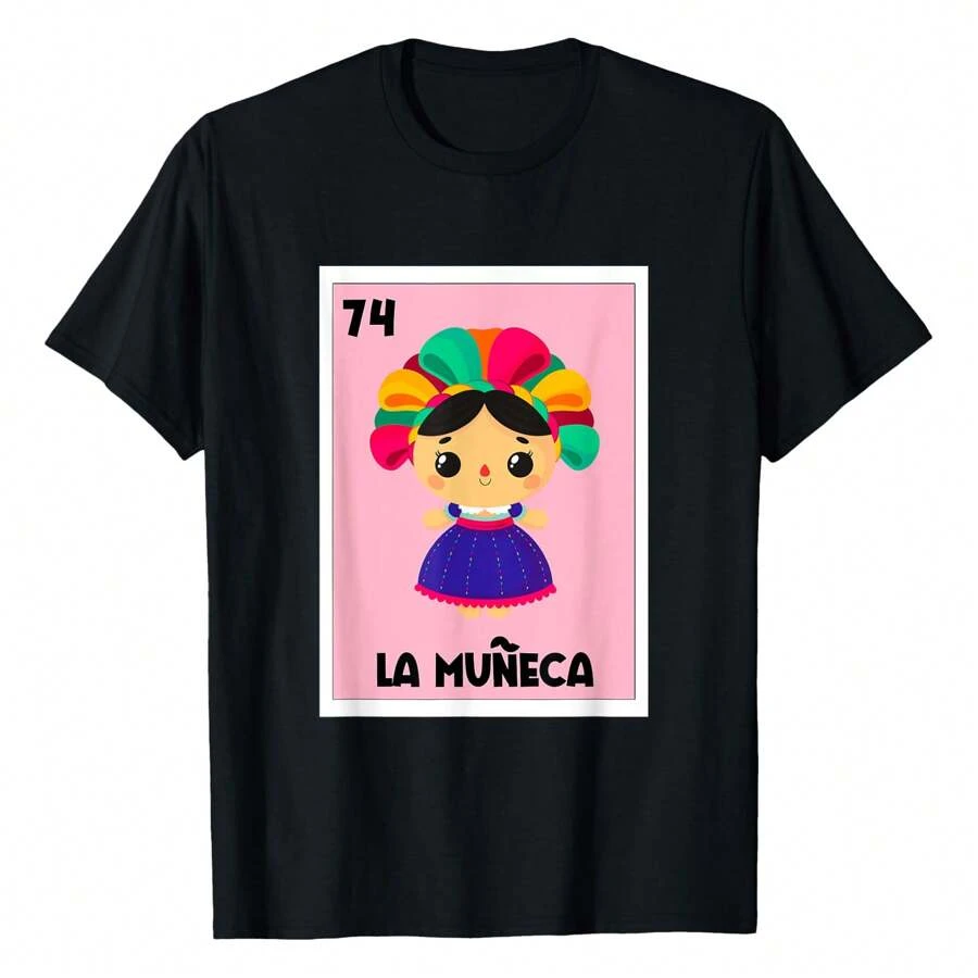 La Muneca Mexican Bingo Card Game Mexican Doll Spanish T-Shirt, Women's Printed T-Shirt 220g, 100% Cotton, Retro Fashion Street Women's Short Sleeves, Round Neck Casual Women's Outdoor Short Sleeves, Daily Four Seasons Wear, Holiday Gifts - 黑色 - 查看 1