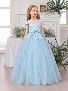 Tween Girl Independence Day Bow Embroidered Mesh Party Dress, Elegant Princess Dress, Suitable For Girls' Dresses, Birthday Party Gifts, Prom Parties, Important Occasions, Flower Girl Dresses, Wedding Dresses, Holiday Celebration Outfits,Blue Dresses For Girls,Thanksgiving Dress