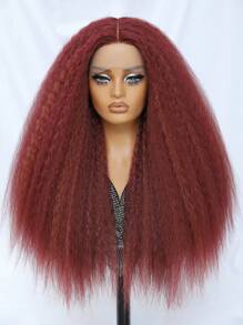 Kinky Straight Lace Front Wig 28Inch Synthetic T-Part 13x5x1 Long Lace Wigs Afro Yaki Straight Wigs Ombre Brown