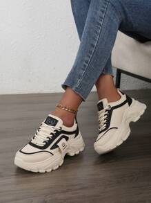 女士厚底运动鞋，2025新款秋季轻便厚底运动鞋，适合春秋运动风格，女士系带小白鞋 - 黑色 - 查看 3