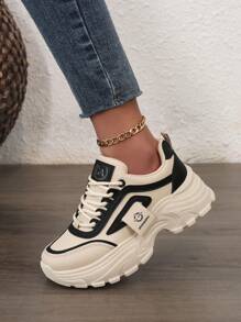 女士厚底运动鞋，2025新款秋季轻便厚底运动鞋，适合春秋运动风格，女士系带小白鞋 - 黑色 - 查看 5