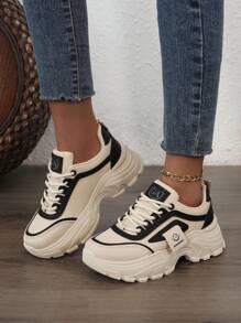 女士厚底运动鞋，2025新款秋季轻便厚底运动鞋，适合春秋运动风格，女士系带小白鞋 - 黑色 - 查看 4