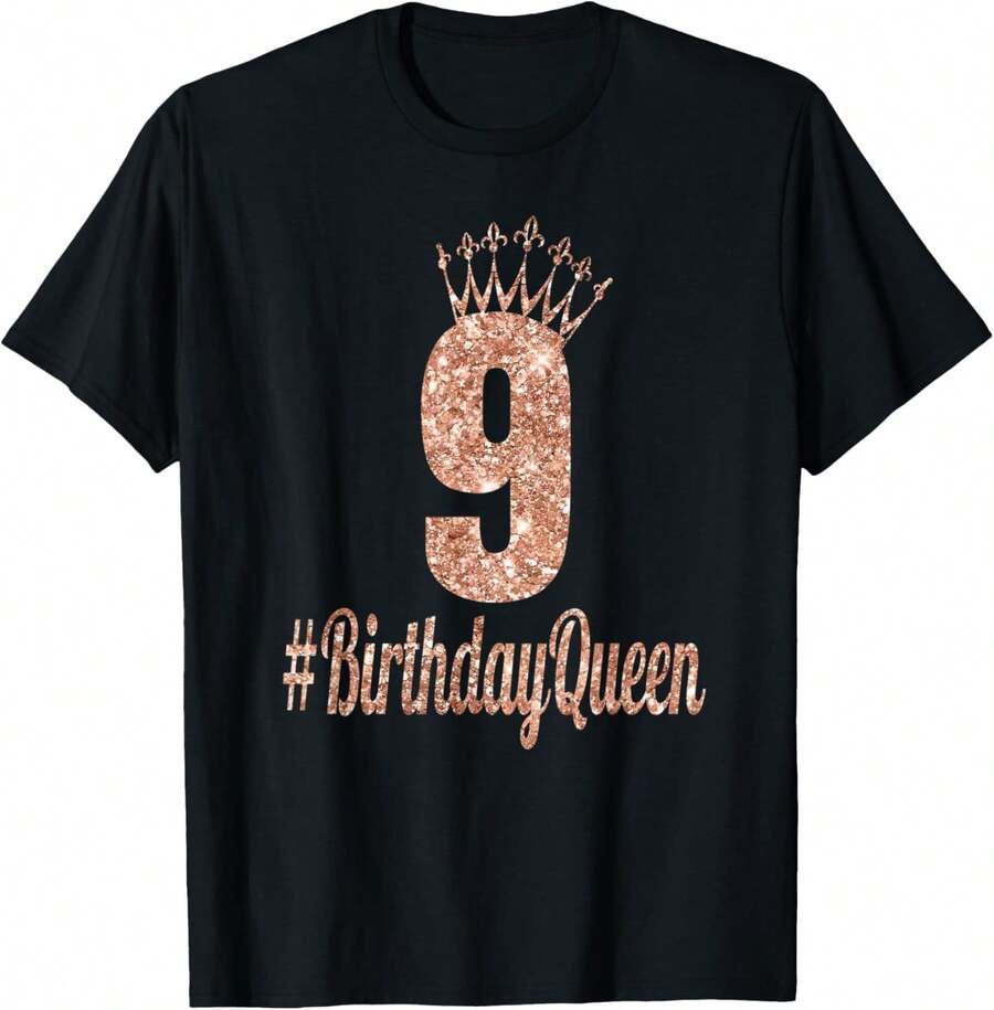 9th Birthday Gifts Girls Rose Colored Ninth Bday Crown T-Shirt - Black - View 1
