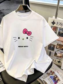 Sanrio 1 Pc Hello Kitty Women Casual Cartoon Print Round Neck Short Sleeve T-Shirt Graphic Shoulder Tees Women Tops Loungewear Base Layers - White - View 4