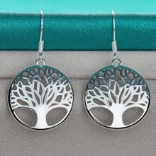 New 925 Silver Plated Earrings For Women High Quality Jewelry Hollow Carved Round Tree Christmas Gifts - Silver - View 5
