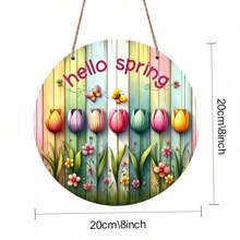1pc Wooden Hanging Hello Spring Sign, Seasonal Wall Art Decor With Colorful Tulips And Butterflies, Suitable For Easter And Spring Celebrations Easter Decorations Easter Decor Party Gift Gifts Birthday Graduation