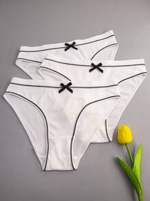 3pcs Bow Front Contrast Binding Brief - White - View 2