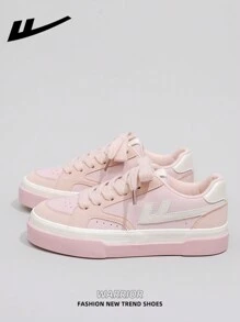 1 Pair WARRIOR Women's Lace-Up Design Skateboard Shoes, Low-Top Casual Shoes, Outdoor Flat Shoes, Summer Breathable Slip-On Skateboard Inspired Sporty Sneakers, Fashionable & Comfortable Canvas Athletic Shoes For Women - Baby Pink - View 2