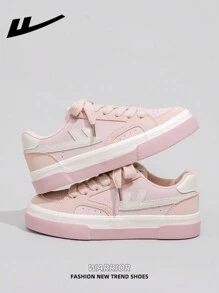 1 Pair WARRIOR Women's Lace-Up Design Skateboard Shoes, Low-Top Casual Shoes, Outdoor Flat Shoes, Summer Breathable Slip-On Skateboard Inspired Sporty Sneakers, Fashionable & Comfortable Canvas Athletic Shoes For Women - Baby Pink - View 1