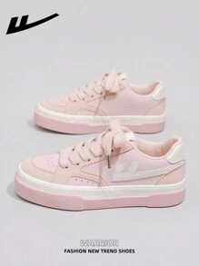 1 Pair WARRIOR Women's Lace-Up Design Skateboard Shoes, Low-Top Casual Shoes, Outdoor Flat Shoes, Summer Breathable Slip-On Skateboard Inspired Sporty Sneakers, Fashionable & Comfortable Canvas Athletic Shoes For Women - Baby Pink - View 5