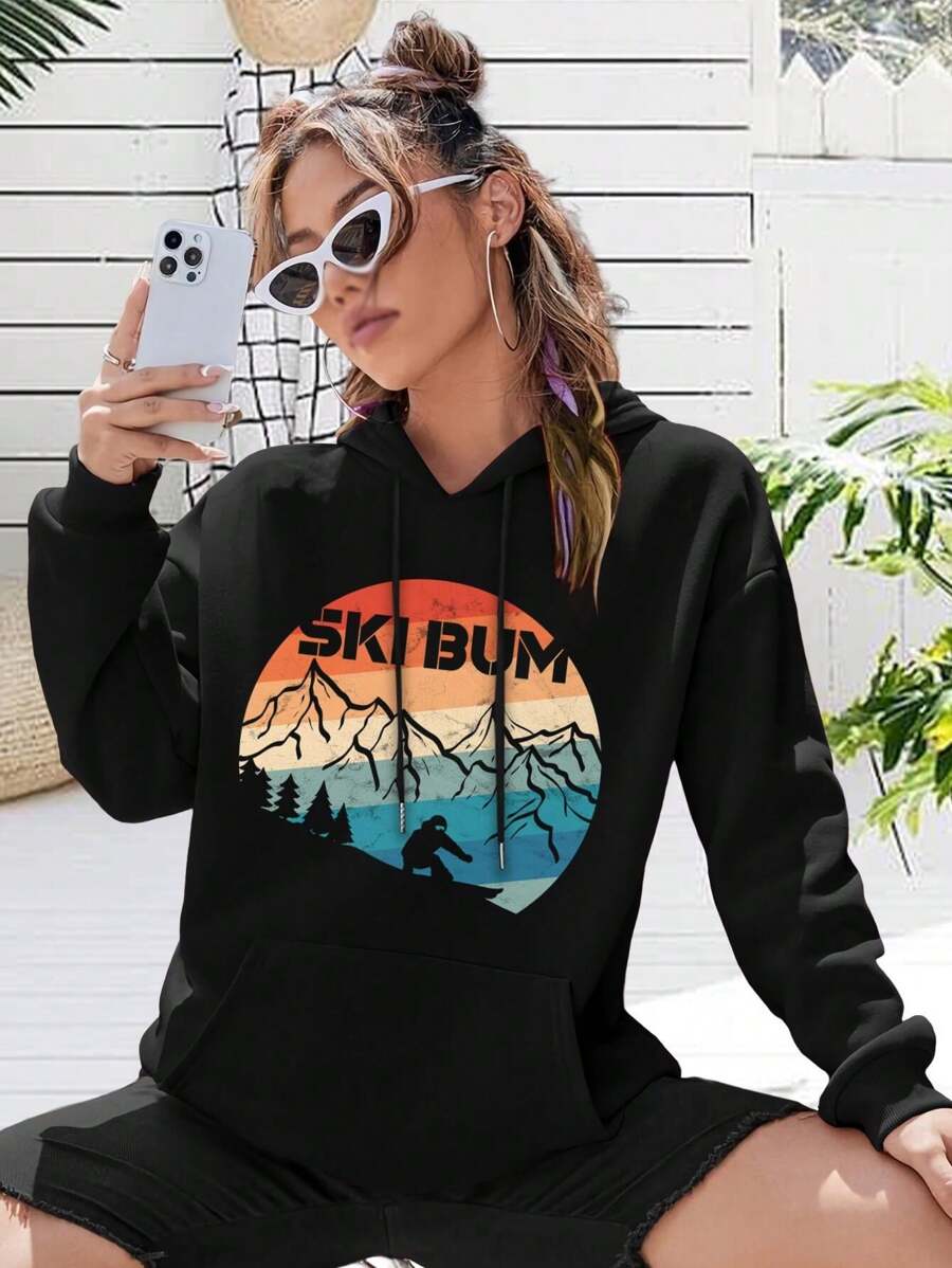 Retro Ski Bum Big Size Women Hoodie Women's Hoodies Downhill Skiing In The Mountains - 黑色 - 查看 1