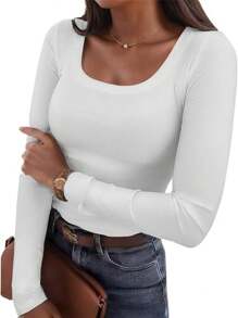 KAHULE Long Sleeve Shirts For Women Scoop Neck Fall Outfits Knit Tops Slim Fit Basic Tee - trắng - Xem 1