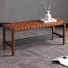 Rustic Wood Entryway Bench 45 Inch Woven Bench, Indoor Boho Accent Bench With Faux Leather Strips & Metal Shoe Rack, Small Bench For Living Room/Bedroom/Hallway/Foyer/End Of Bed, Brown