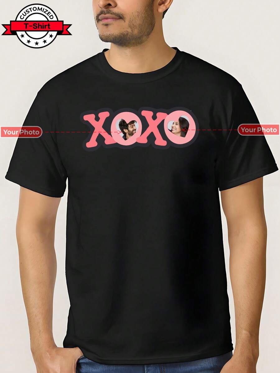 Customize Text And Photos For Men Tops T Shirts, Add Your Own Text And Pictures (LOGO/Family Photo/Selfie/Set Photo/Friend/Birthday Photo) To Design Your Personalized Printed Tee, Boy Top, Custom Top, Personalized Tee, Summer Clothing) - Black - View 1