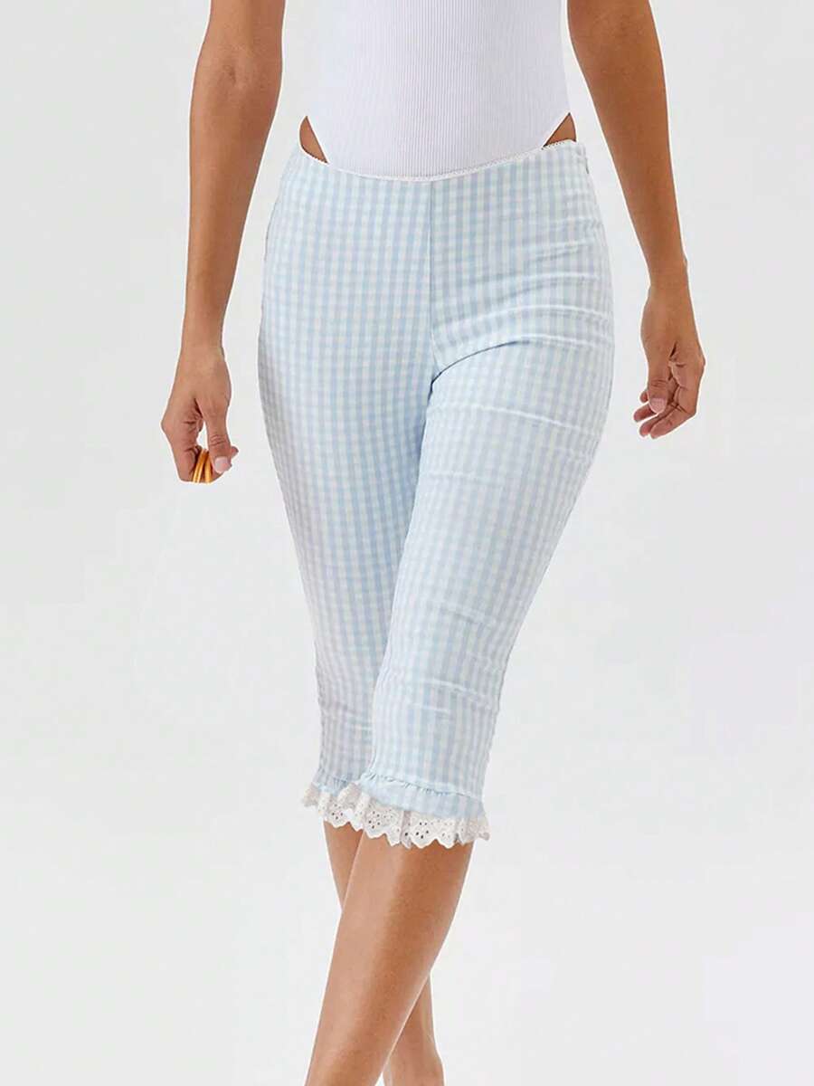 Women Capri Pants Plaid Lace Ruffles Hem Summer Casual Cropped Pants Stretch Crop Leggings - 藍色 - 查看 1
