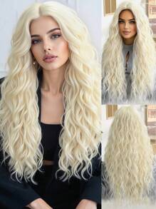 28英寸长波浪卷无刘海合成假发：外观自然，耐热，适合派对、角色扮演和日常佩戴 - 金色 - 查看 2