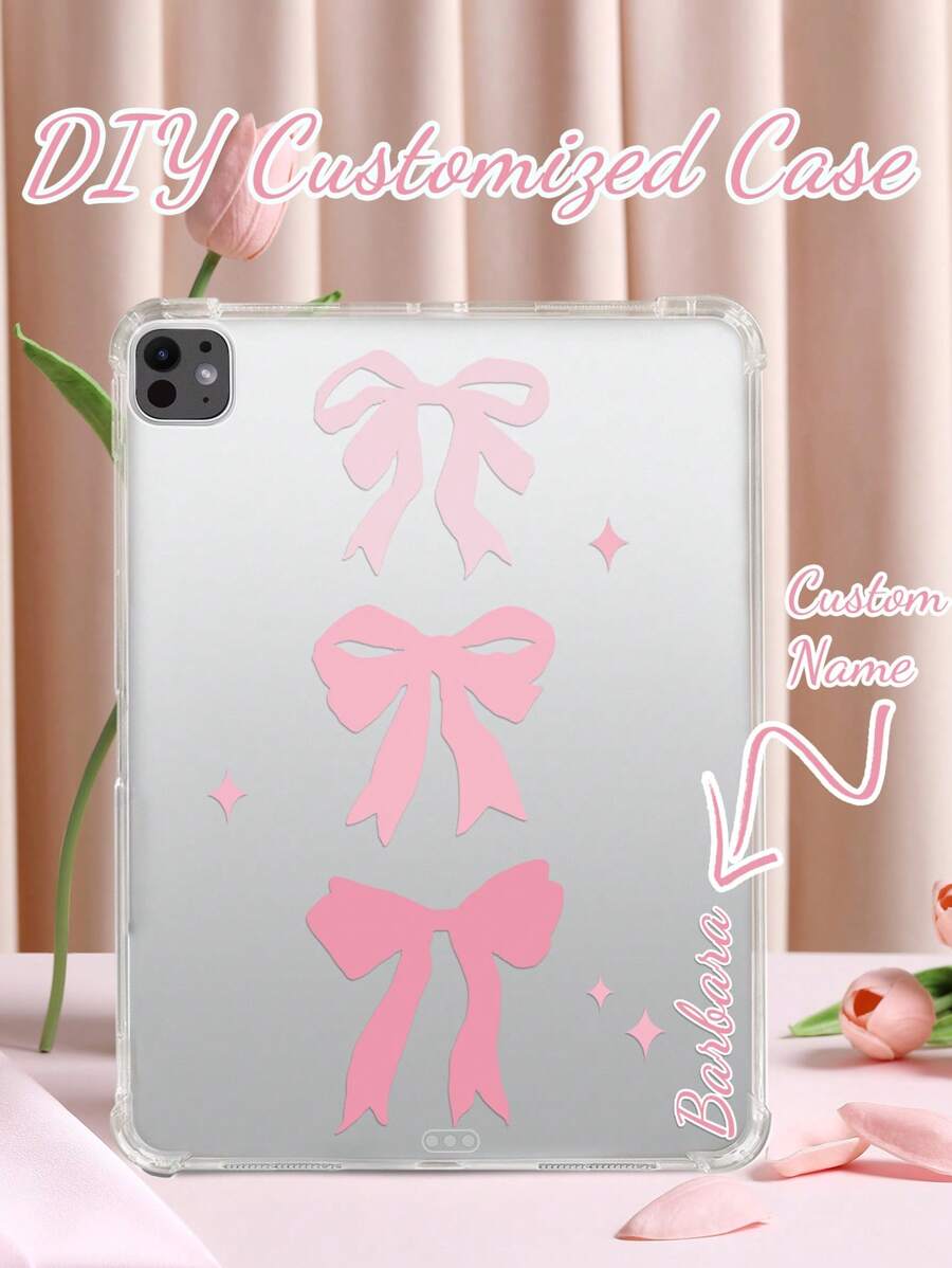 1 件个性化硅胶保护壳，带 3 个粉色蝴蝶结，透明气囊垫设计，适用于 iPad Pro 13、Air 13 等型号，适合情侣、家人、朋友、宠物和儿童