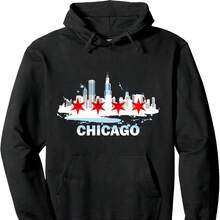 Chicago City Flag Downtown Skyline - Chicago Skyline Pullover Hoodie - Black - View 1