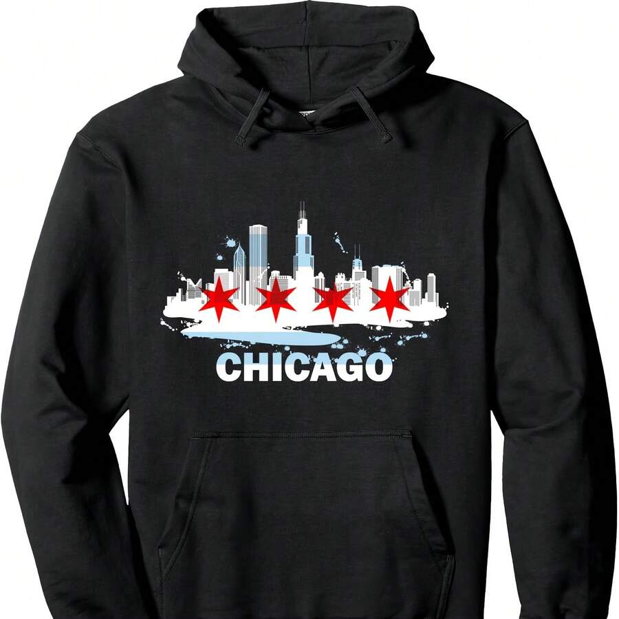 Chicago City Flag Downtown Skyline - Chicago Skyline Pullover Hoodie - Black - View 1