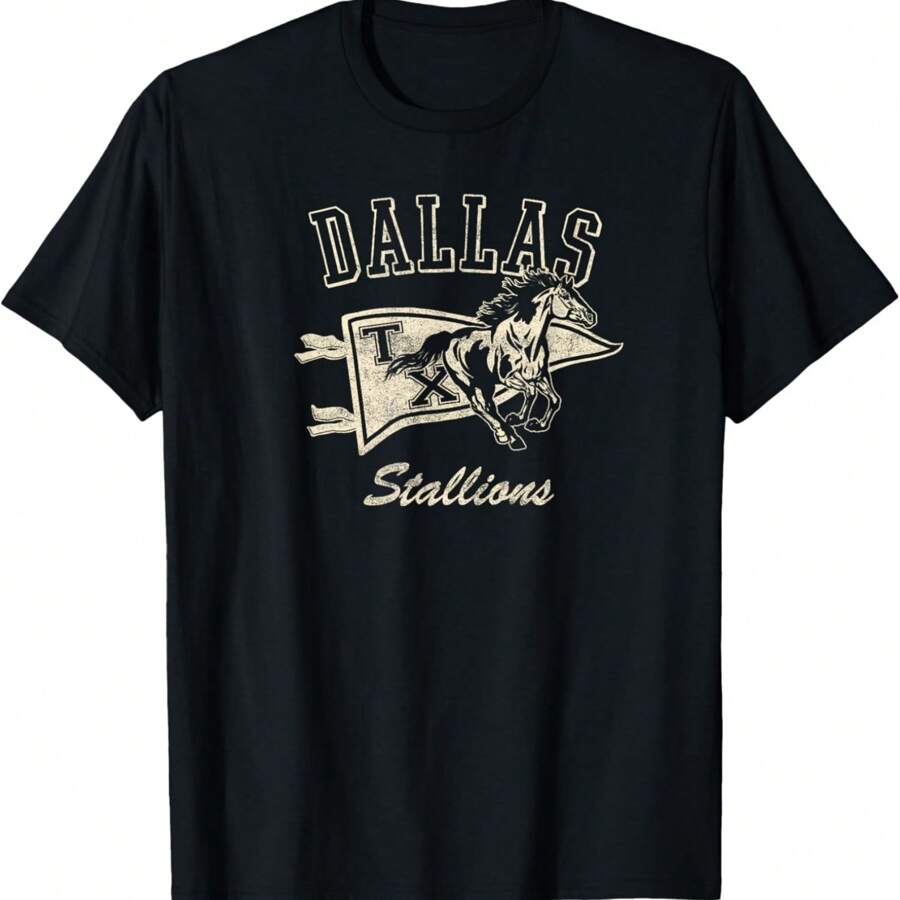 Dallas Stallions Texas Riding Horse And Flag Logo T-Shirt - Black - View 1